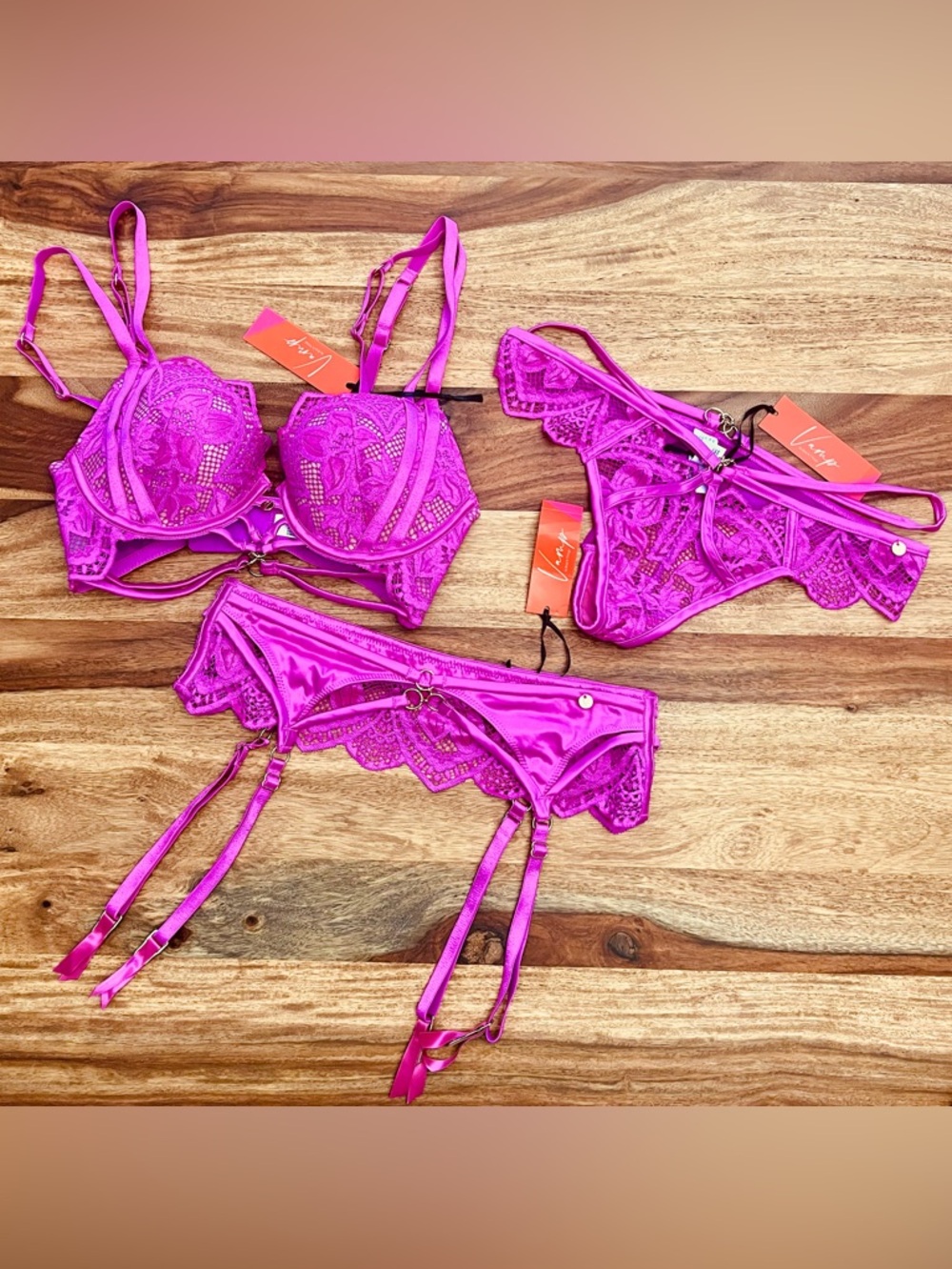 Fuchsia Lace Lingerie Set - 3 Piece